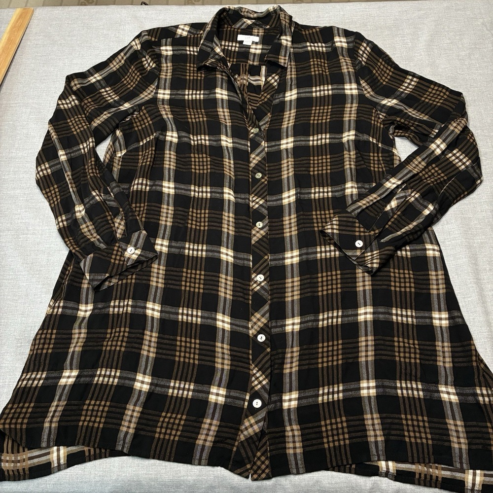 J Jill Women Large Black Brown Flannel Tunic Top Shirt Long Sleeve Button Up
